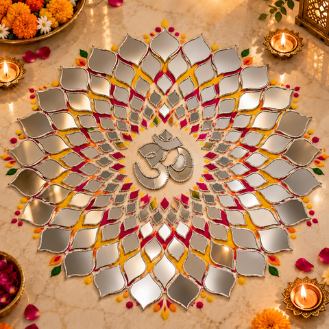 Om Silver Mirror Rangoli Ready Made Decorative Wall & Floor Décor ST-38