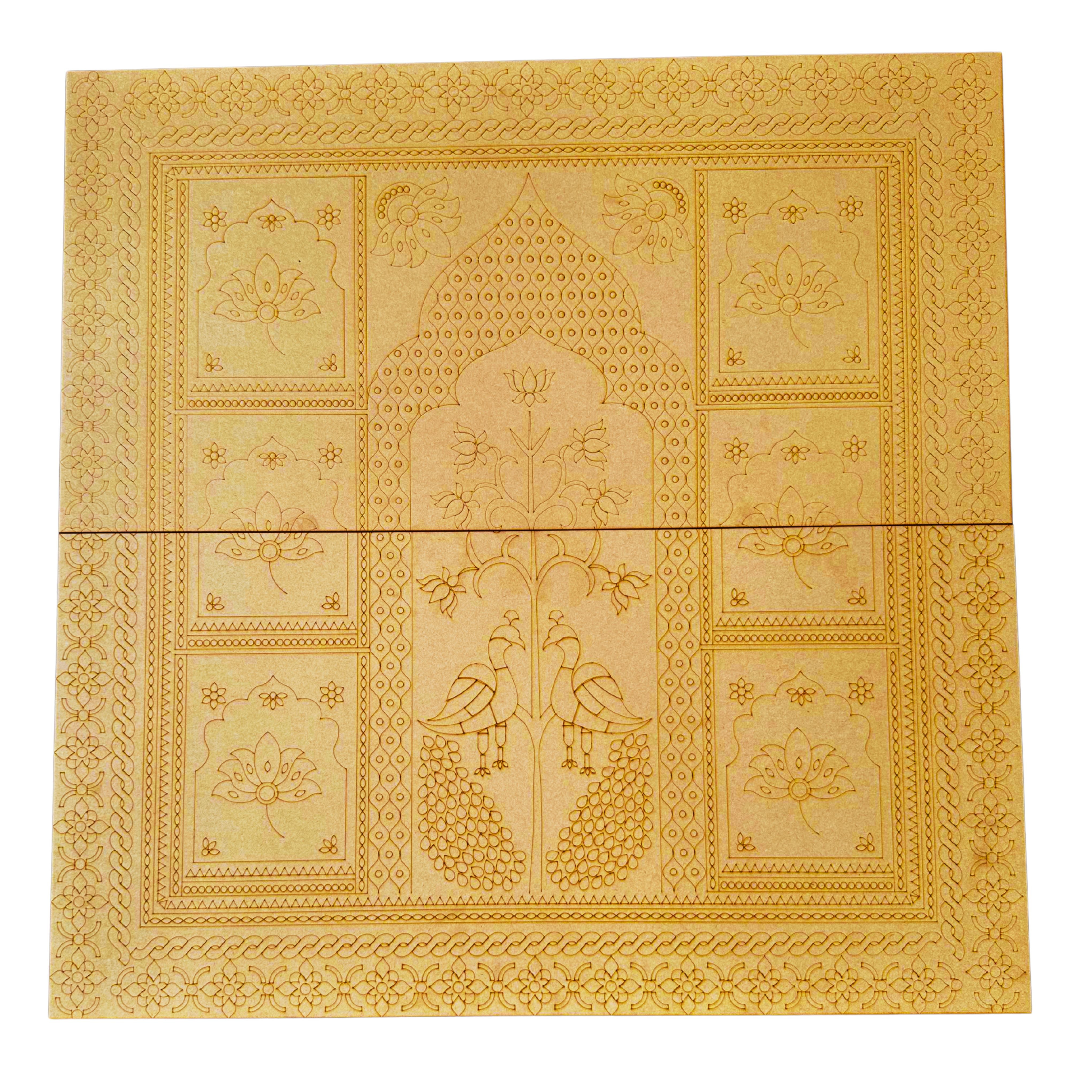 Royal Peacock MDF wall panel with detailed floral and traditional pre-marked design for Lippan art, mirror work, and DIY home décor craft.