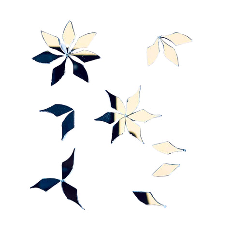 Twisted leaf petal shape mirror pieces arranged in floral and star patterns for Lippan art, mirror work, Mandala art, and DIY craft decoration.