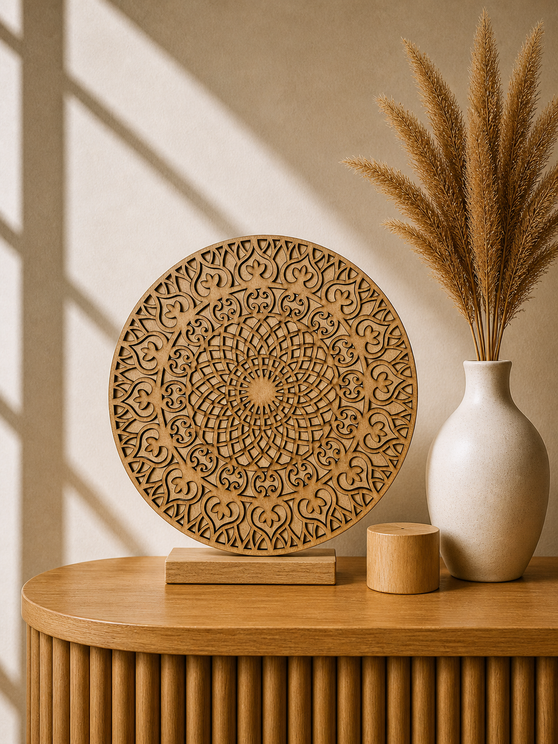 Round laser-cut MDF mandala design board with intricate floral pattern, perfect for Lippan art, wall décor, mirror work, and DIY craft projects.