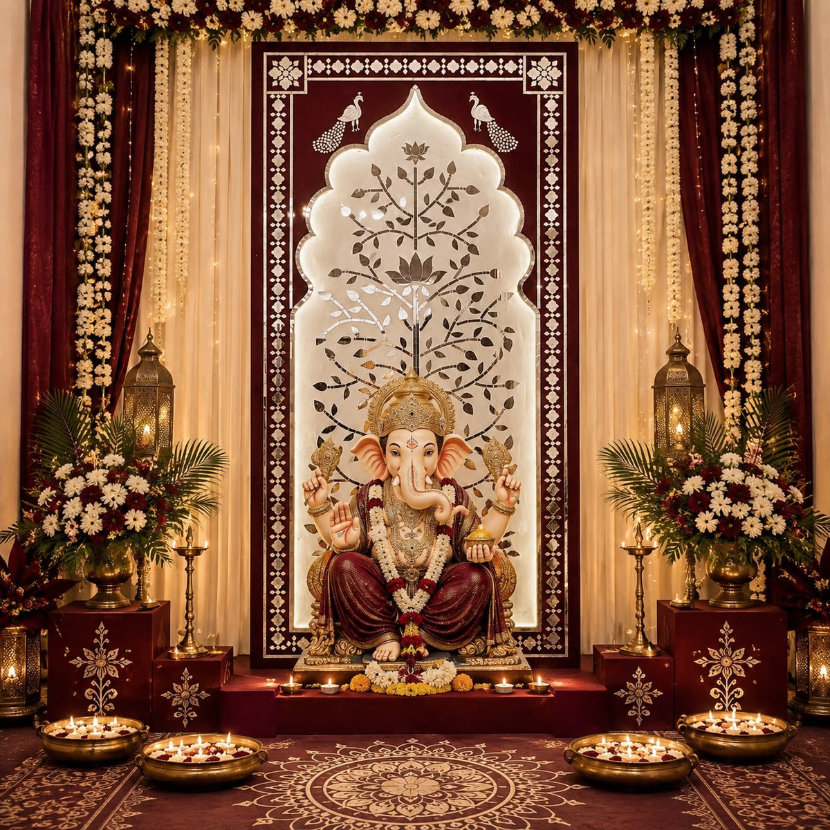 Lotus Tree Jharokha Mirror Work Ready Decorative Panel (Ready Piece) - BAPS-35