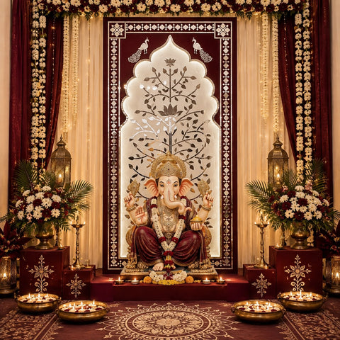 Lotus Tree Jharokha Mirror Work Ready Decorative Panel (Ready Piece) - BAPS-35