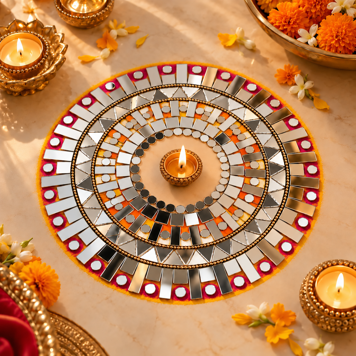 Ready-Made Round  Mirror Design on Transparent Sheet Rangoli  ST-60