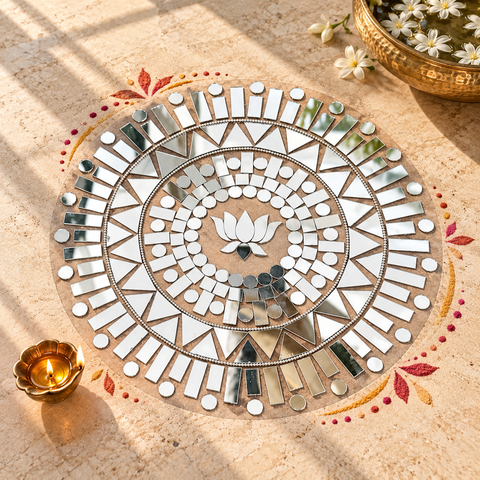 10 Inch Ready Made Round Mirror Rangoli on Transparent Sheet – Silver Mirror Work for Festive & Home Décor st-99