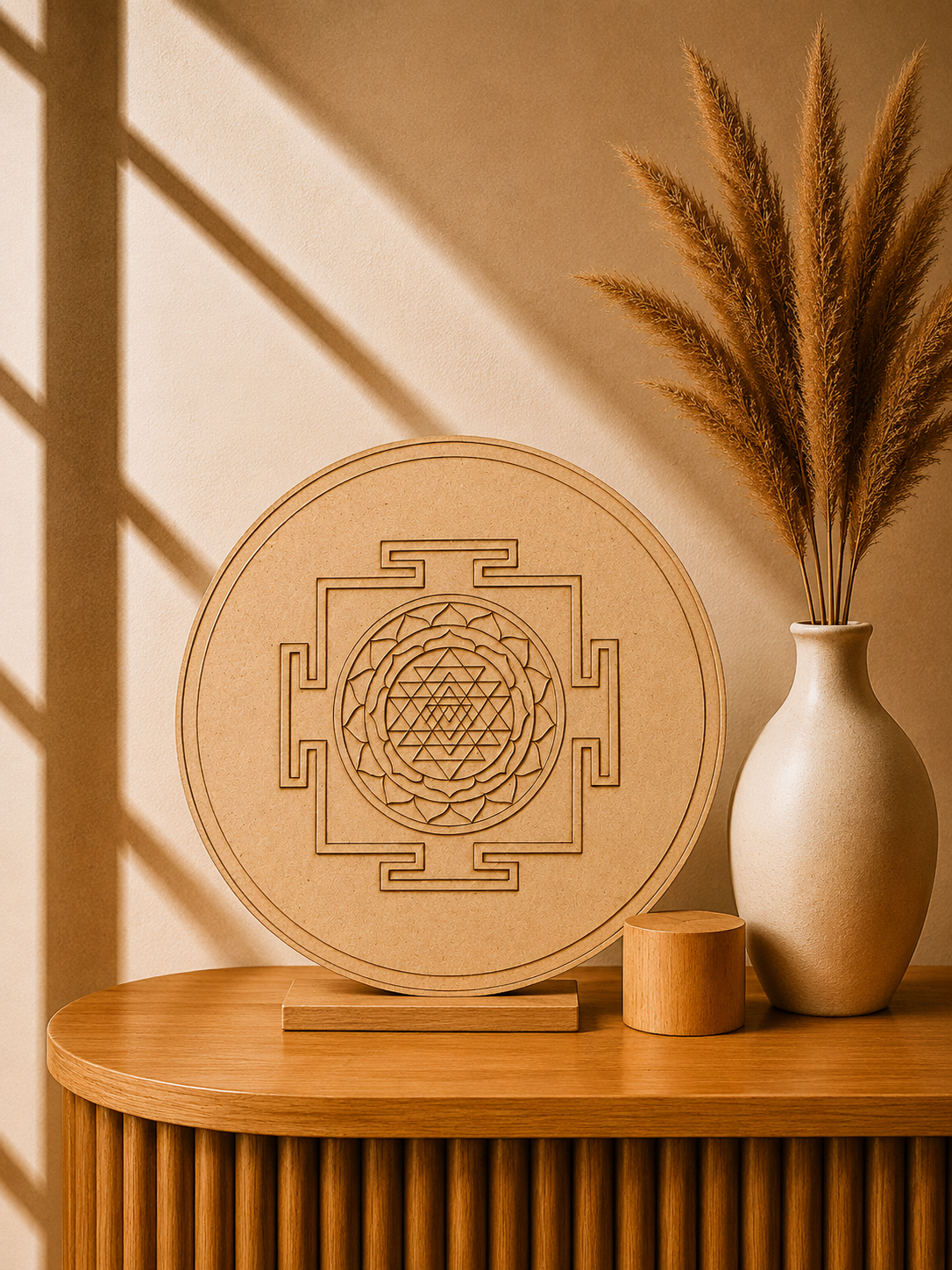 Round Sri Yantra MDF mandala board with geometric sacred design, ideal for Lippan art, meditation décor, spiritual wall art, and DIY craft projects.