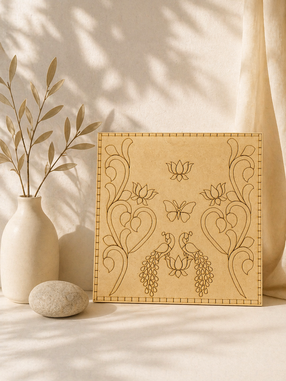 Square MDF board with peacock, butterfly and lotus floral design, decorative premarked board for Lippan art, DIY craft and wall décor projects.