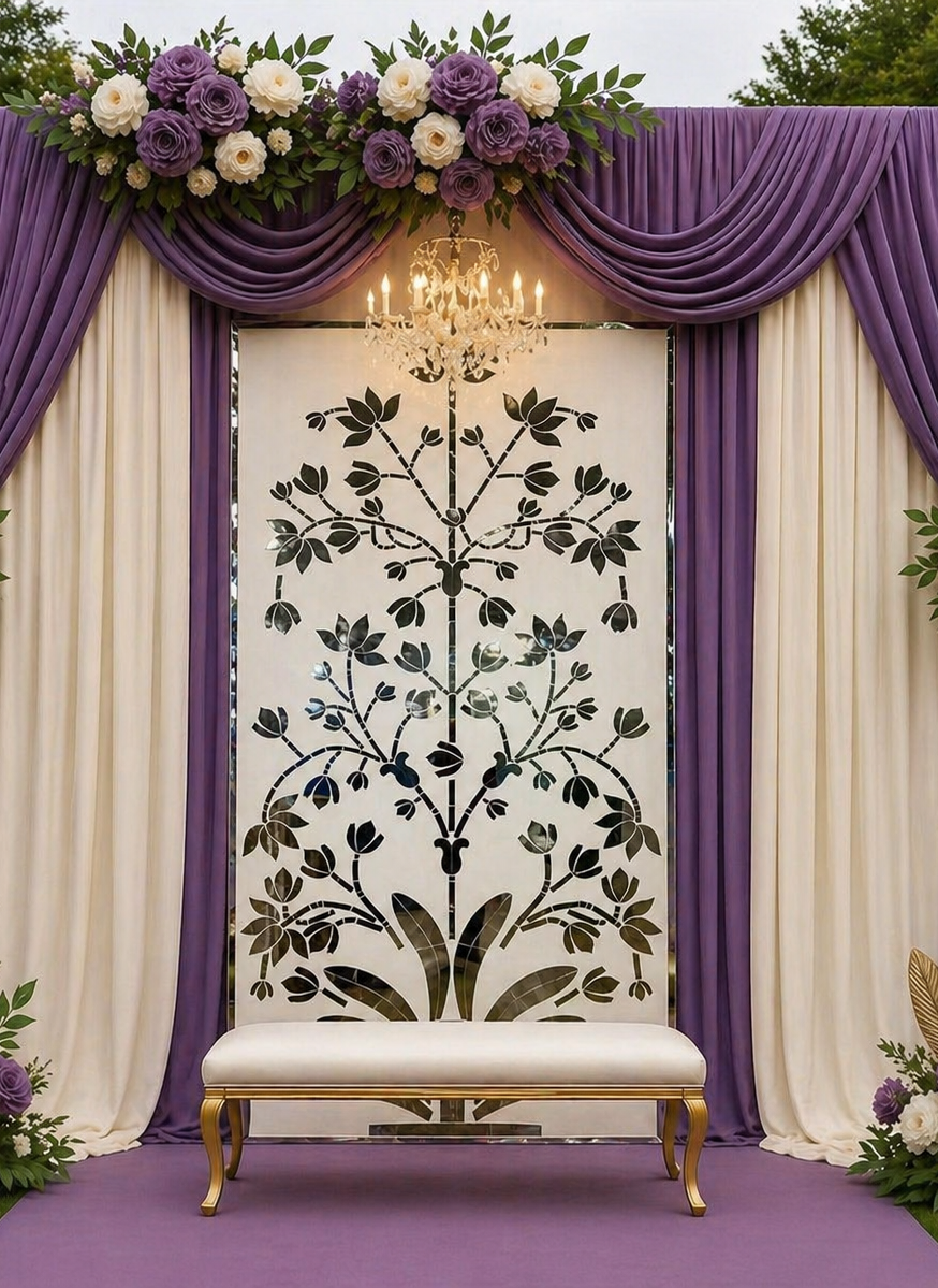 Elegant floral mirror wall panel with intricate lotus-inspired silver mirror artwork and handcrafted decorative detailing.

