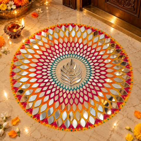 Decorate your space with this 16-inch ready-made mirror rangoli on a transparent sheet that lets the floor colour show through. Comes in 4 parts to arrange together, perfect for entrances, pooja spaces and festive décor. St-100