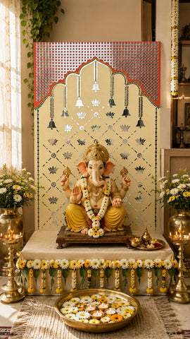Lotus Jharokha Lippan Art Panel with Hanging Bell Design for Wall Décor(Ready Piece) 34.5*23.5 inch- BAPS-5