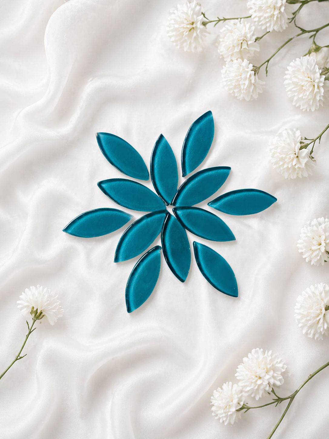 Premium Teal Blue Leaf Shape Glossy Mosaic Tiles-740