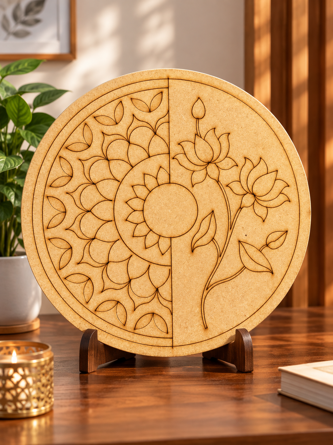 Round Floral Premarked MDF Board – Lotus Design for DIY Mirror & Craft Work - 850