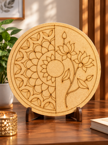 Round Floral Premarked MDF Board – Lotus Design for DIY Mirror & Craft Work - 850