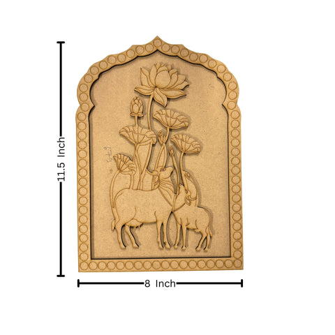 Premarked MDF Lotus & Cow Design Jharokha with Mirror-679
