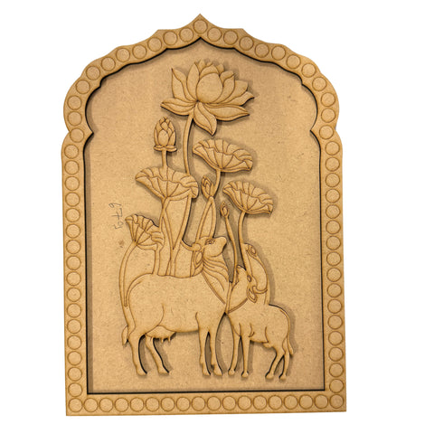 Premarked MDF Lotus & Cow Design Jharokha with Mirror-679
