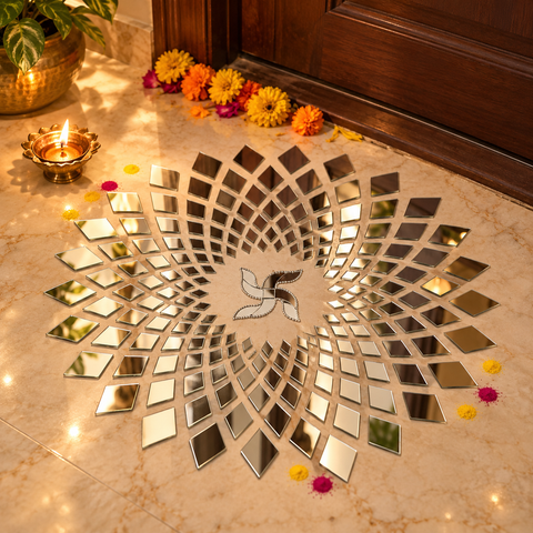 Ready to Use Round Mirror Rangoli on Transparent Sheet – Geometric Silver Mirror Design for Home & Festive decor ST-98