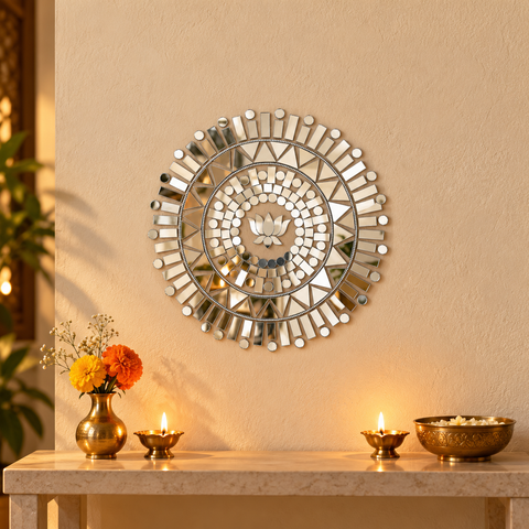 10 Inch Ready Made Round Mirror Rangoli on Transparent Sheet – Silver Mirror Work for Festive & Home Décor st-99