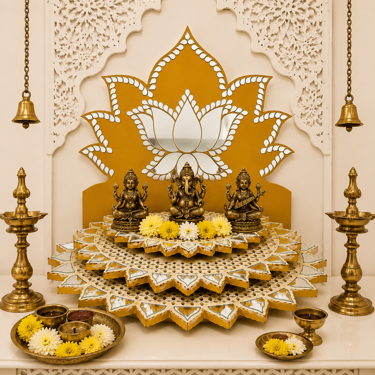 Lotus Layered MDF Sihasan Stand – Premarked Decorative Mandir Setup-764