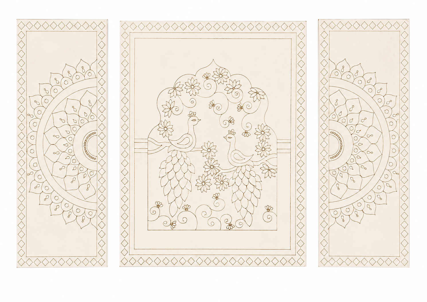 Three-piece premarked MDF wall panel set with peacock, floral vine, and mandala border design for Lippan art and home décor projects.