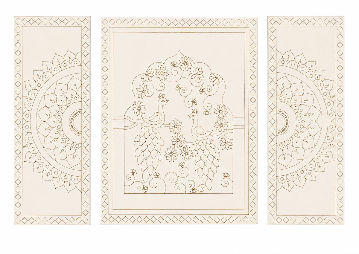 Three-piece premarked MDF wall panel set with peacock, floral vine, and mandala border design for Lippan art and home décor projects.