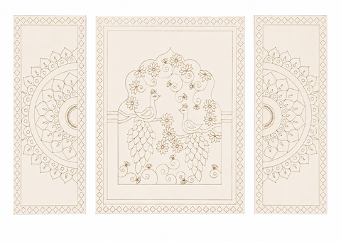 Three-piece premarked MDF wall panel set with peacock, floral vine, and mandala border design for Lippan art and home décor projects.