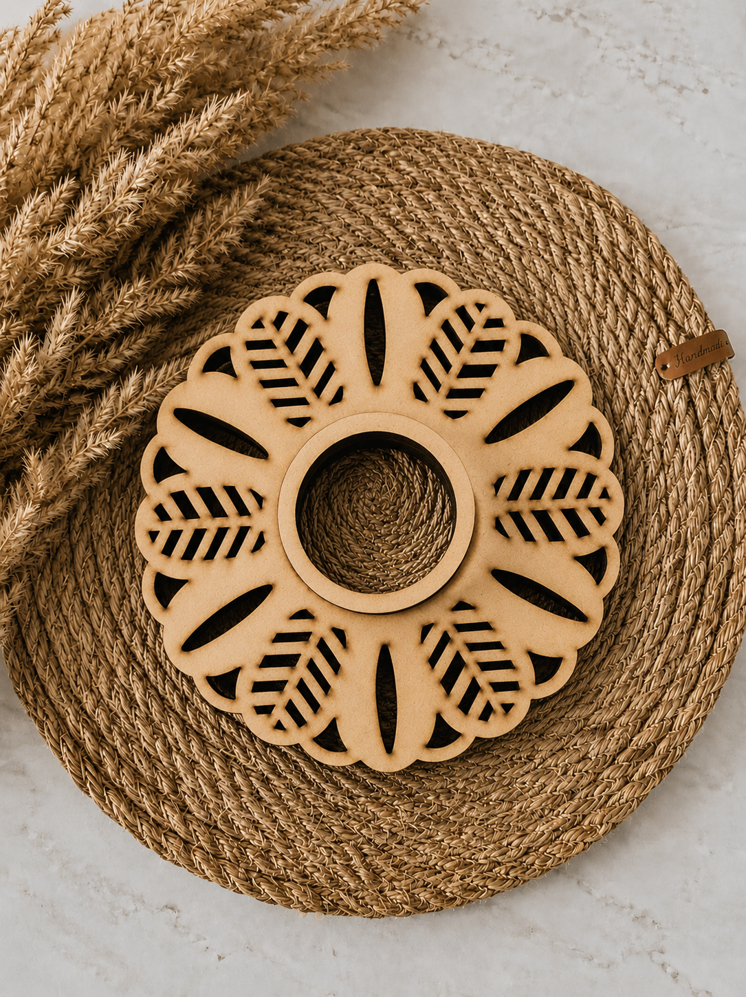 Round Leaf Design MDF Tea Light Candle Holder for DIY Art & Home Décor-795