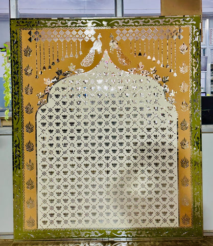 3 Panel Fancy Lotus Mirror Stage Backdrop with Peacock & Lotus Design - BAPS 16