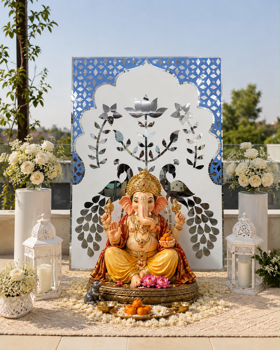 Lotus Jharokha Floral Mirror Work (Ready Piece) - BAPS-40