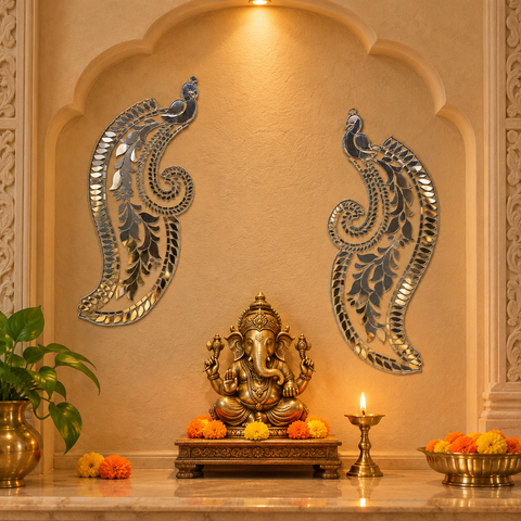 11.5 x 7 Inch Peacock Pair Mirror Patch | Decorative Mirror Design for Rangoli, Wall & Festive Décor  ST-105
