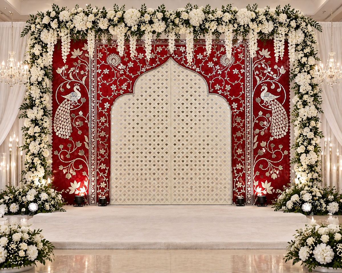 Peacock Jharokha Floral Mirror Work Decorative Panel (Ready Piece)8*12 Feet - BAPS-42