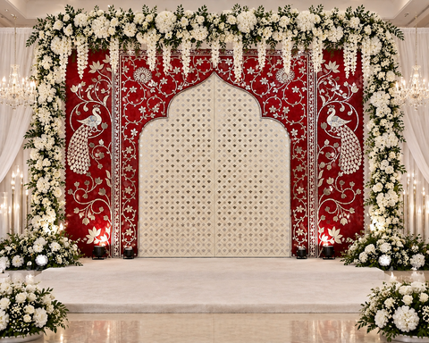 Peacock Jharokha Floral Mirror Work Decorative Panel (Ready Piece)8*12 Feet - BAPS-42
