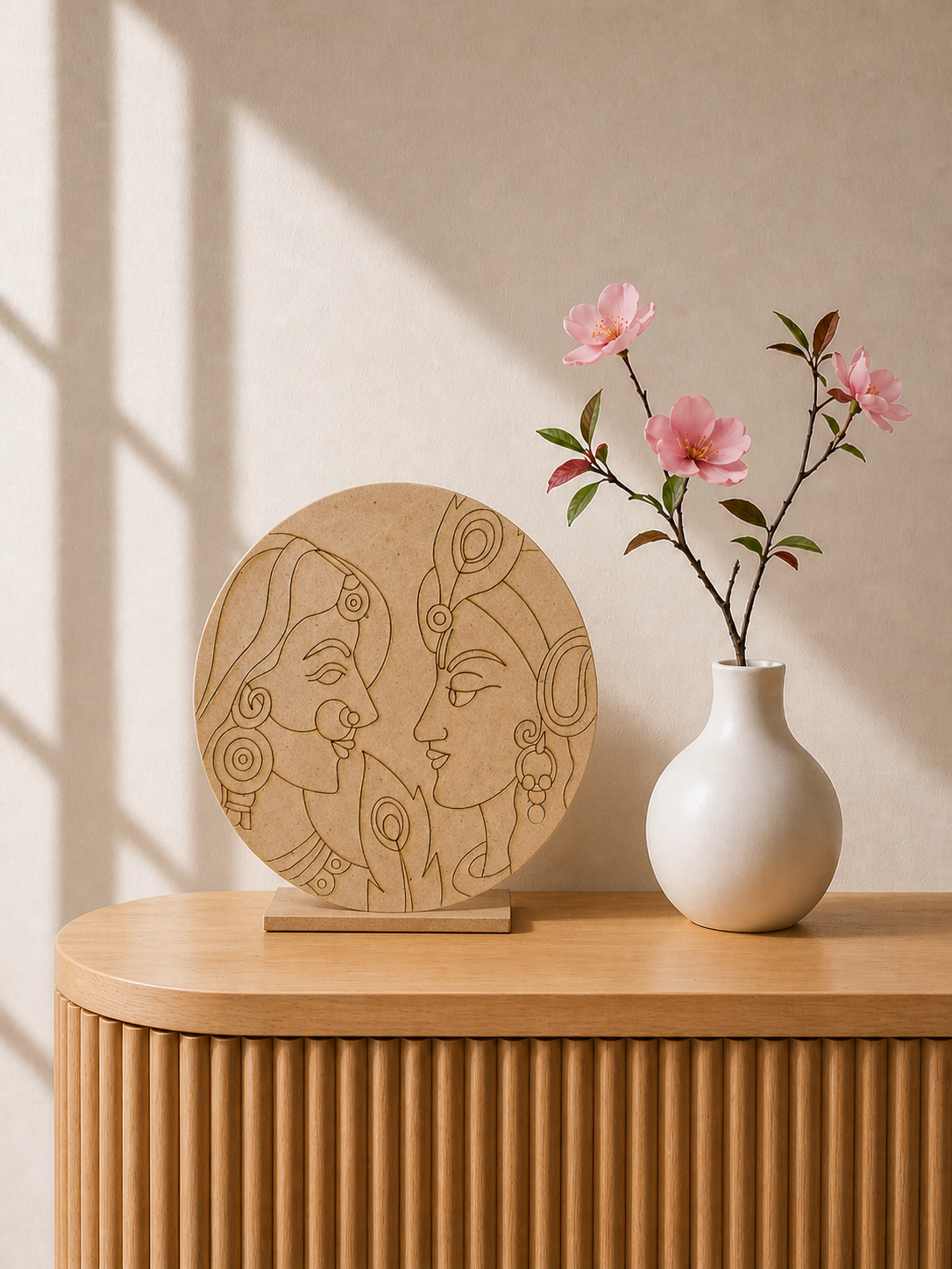 Round MDF Radha Krishna face design board with artistic line art pattern, perfect for Lippan art, mirror work, spiritual décor, and DIY craft projects.