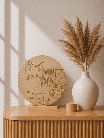 Round MDF board with traditional elephant design artwork, ideal for Lippan art, mirror decoration, wall décor, and DIY craft projects.