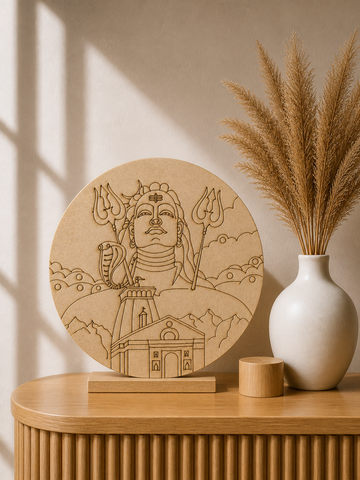 Round MDF Shiv Ji and Kedarnath temple design board with Trishul and mountain background, perfect for Lippan art, mirror work, spiritual décor, and DIY craft projects.