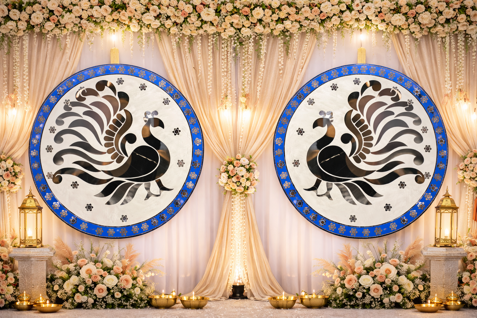 Traditional peacock round wall décor design with intricate floral border detailing and elegant handcrafted artwork.
