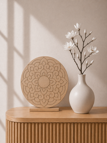 Round MDF mandala board with floral swirl pattern design, ideal for Lippan art, mirror work, rangoli decoration, and traditional DIY craft projects.