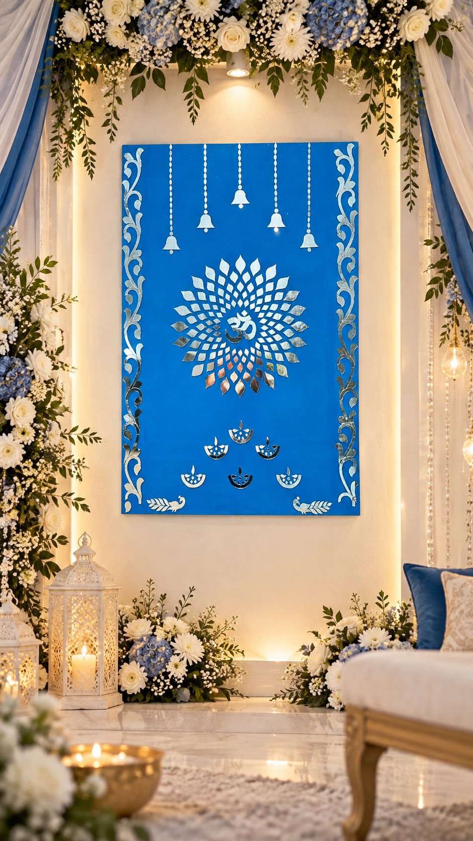 Om Mandala Mirror Work MDF Backdrop with Diya & Bell Design (Ready Piece) 2 * 3 & 3 * 3 FEETFEET- BAPS-71