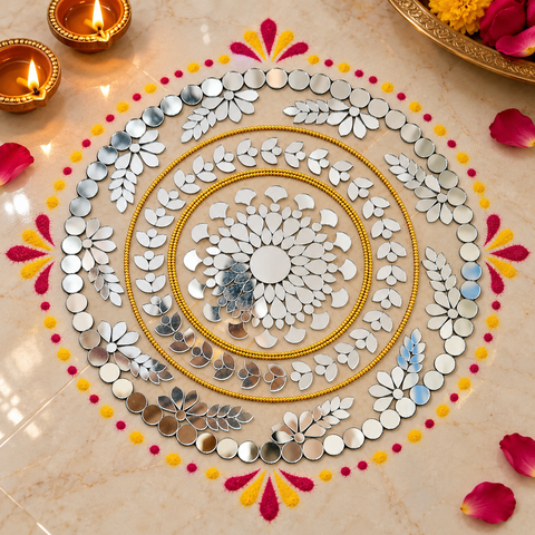 10 Inch Ready Made Round Mirror Rangoli on Transparent Sheet with Gold & Silver Ring Options ST-88