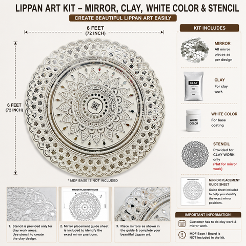 Complete Lippan Art Material Kit with Mirror, Clay, White Color & Stencil-baps-21