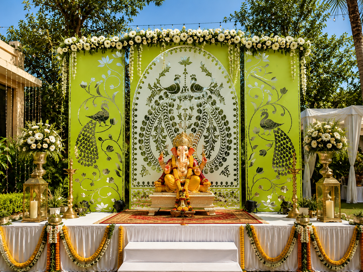 Feet Peacock Mirror Ganpati Decoration Panel  Event & Festival Decor-BAPS-12