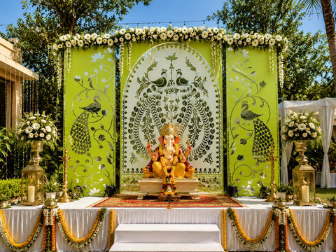 Feet Peacock Mirror Ganpati Decoration Panel Set Ready Piece for Event & Festival Decor-BAPS-12