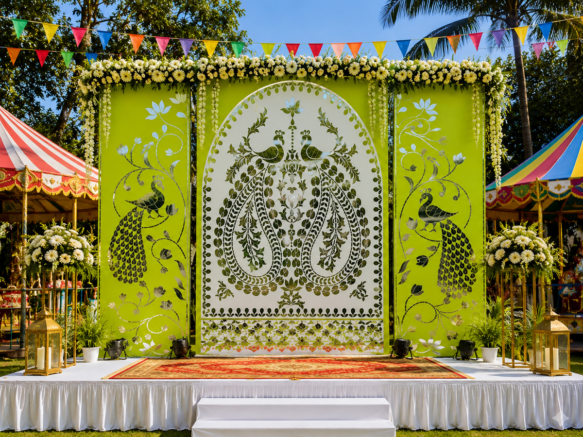 Feet Peacock Mirror Ganpati Decoration Panel Set Ready Piece for Event & Festival Decor-BAPS-12