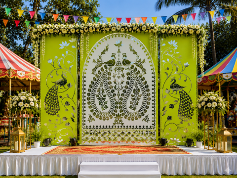 Feet Peacock Mirror Ganpati Decoration Panel Set Ready Piece for Event & Festival Decor-BAPS-12
