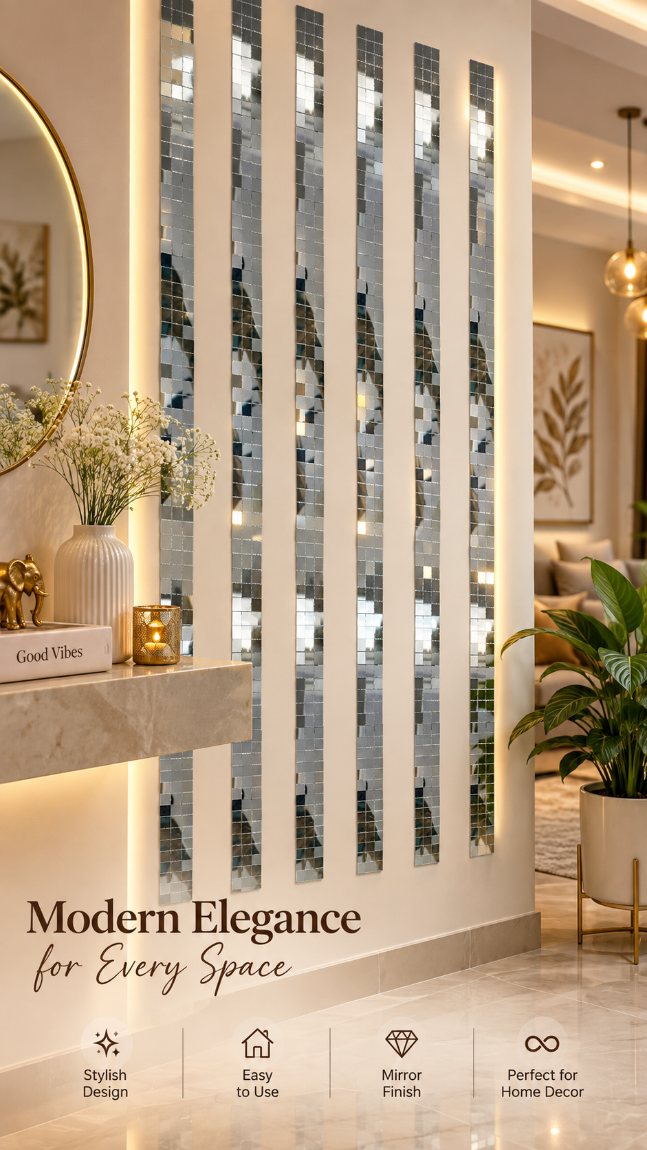 Flexible Straight Mirror Strip on Transparent Sheet for Wall Decor, Mirror Frame & DIY Home Decoration--ST-26