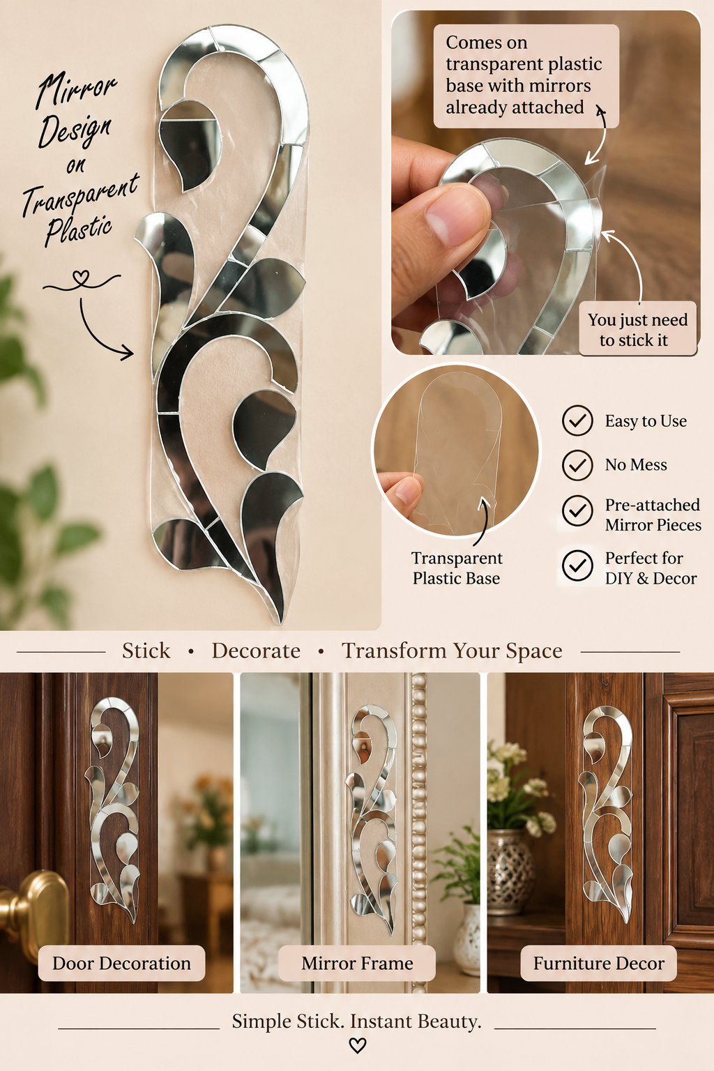 Ready-to-Stick Floral Mirror Design on Transparent Plastic Sheet for Door, Wall & Furniture Decor-ST-29