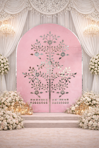 Elegant pink floral mirror wall panel with intricate tree-inspired silver mirror detailing and decorative arch shape design.
