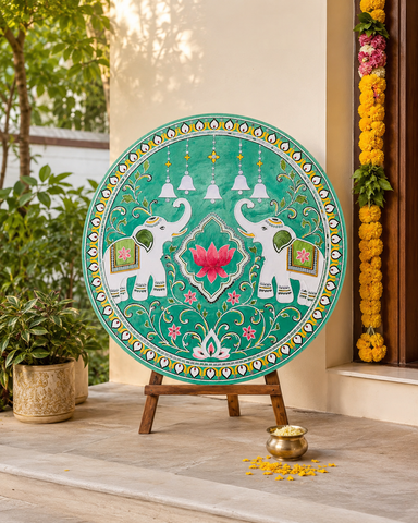 Elephant Lotus & Hanging Bell Round Mirror Work Panel (Ready Piece) 24*24 inch- BAPS-44