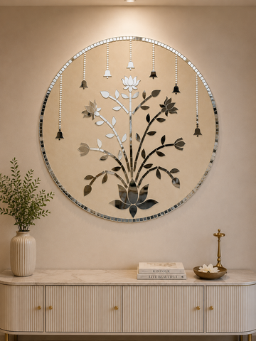 Round Floral Mirror Work Wall Art – Lotus & Hanging Bell Design (Ready Piece)3 FEET - BAPS-82