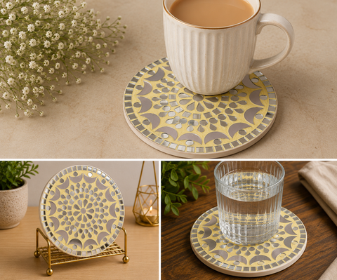 Floral Mandala MDF Tea Coaster Mirror Work-786