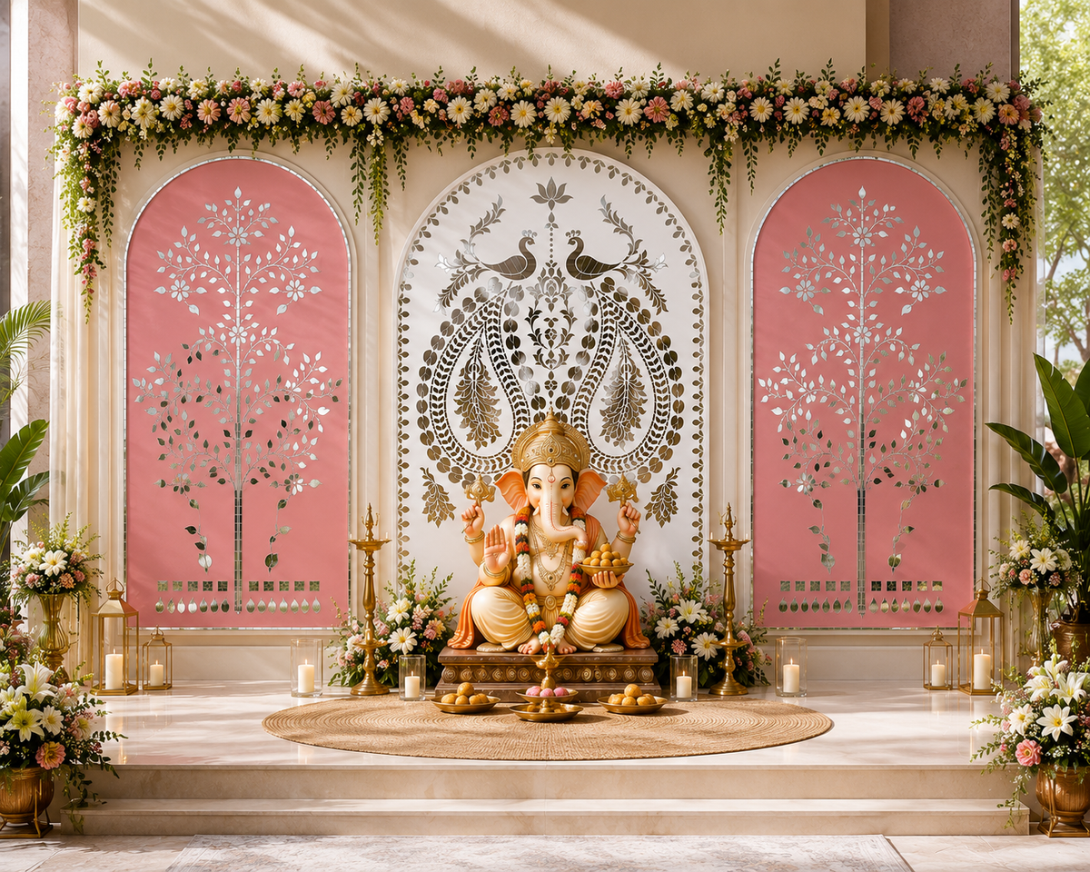 Luxury Mirror Work Wedding Stage Backdrop-BAPS-13
