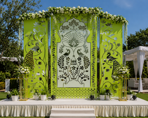 Peacock Mirror & Stencil Panel Set for Ganpati Decoration, Wedding Backdrop-baps-10